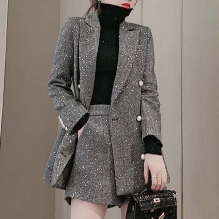 체인지쉬change she 여성 모던 클래식 헤링본 반짝이 진주버튼 반바지 정장세트