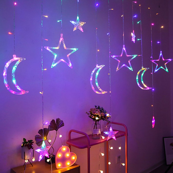 별 달 LED 가랜드 조명 감성 캠핑 크리스마스 조명, 2개, 레인보우