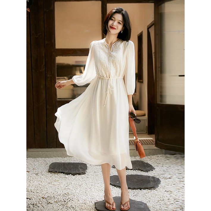 패션고리 여성 여름 라운드 레이스 쉬폰 롱 원피스 ZX054