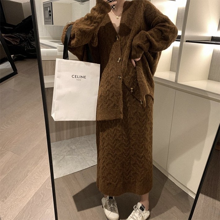 ANYOU 루즈핏 꽈배기 니트 원버튼 가디건 롱 스커트 투피스 세트 여성투피스 세트