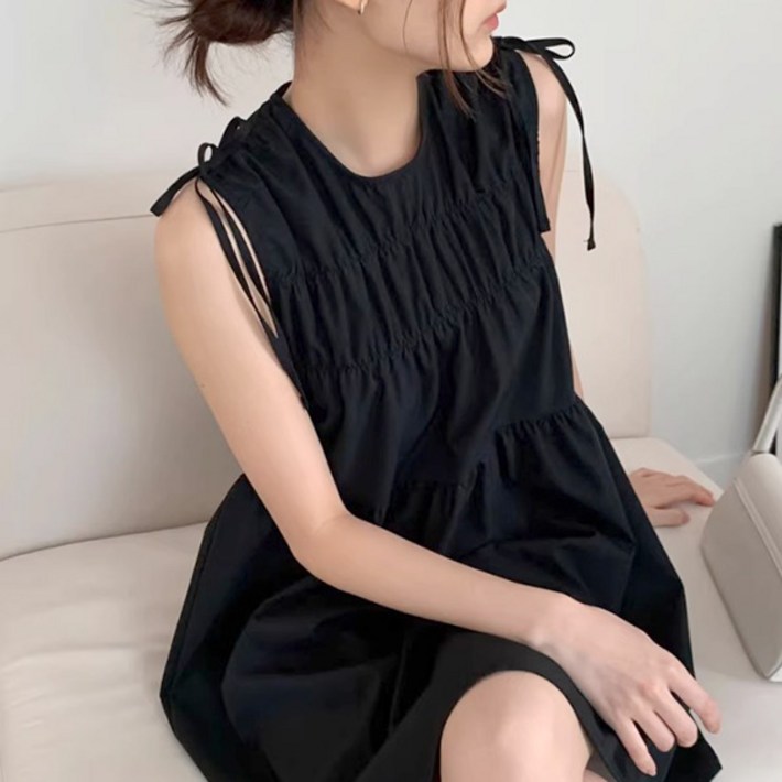 라라홀리 어깨 리본스트링 라운드넥 셔링 민소매 원피스