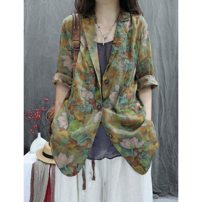 Seofst 여성 여름 코튼린넨 프린트 자켓 루즈핏 얇은 캐주얼 빈티지 자켓