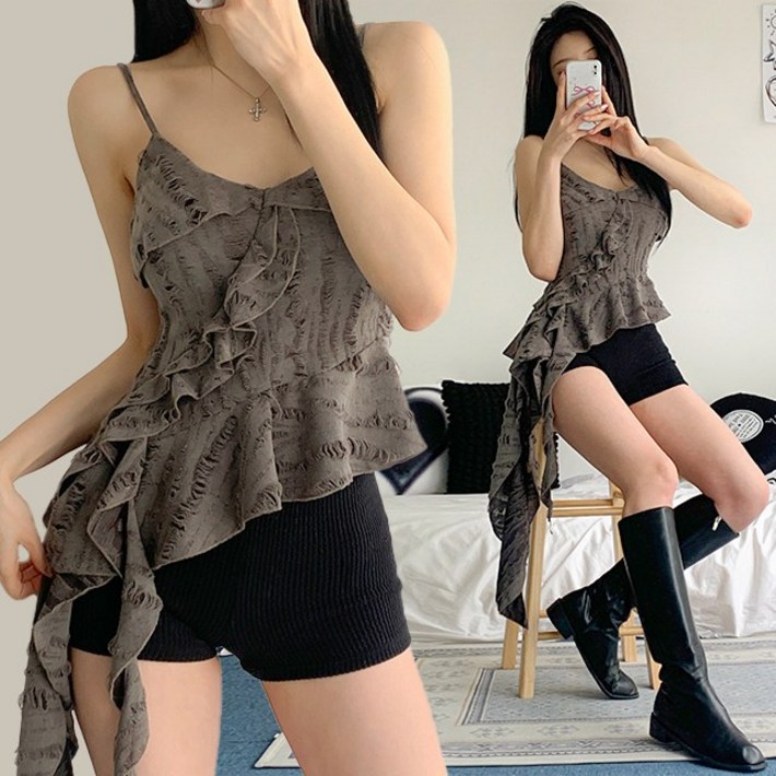 [빈티지/키치/3col] 해브 브이넥 언발 프릴 끈나시 뷔스티에 블라우스