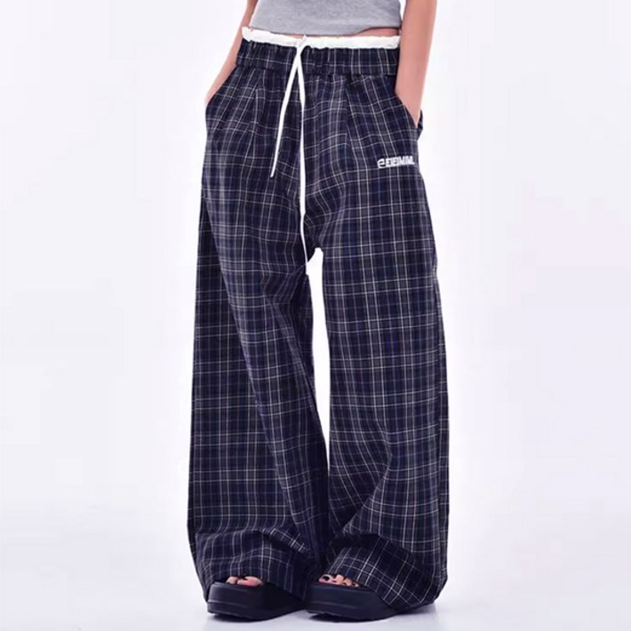 나인클로젯 여성 밴딩 와이드 체크 팬츠 여름 가을 여자 시원한 바지