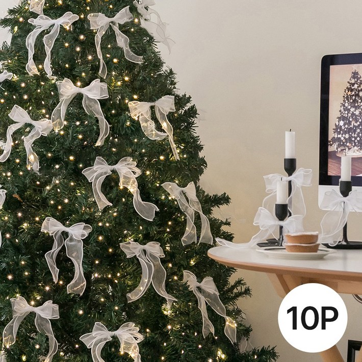 페어홈 쉬폰 리본 10P 2단 풍성 리본 100 수제제작 크리스마스 트리 장식 오너먼트 세트