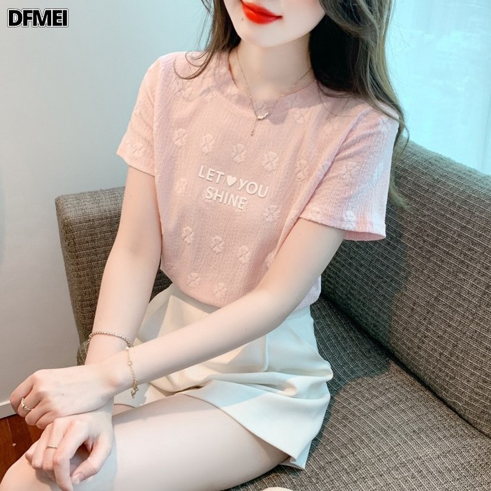 DFMEI 라운드 맨투맨 반팔 티셔츠 심플 레터링 프린트 서양풍 나이감소 티셔츠녀 DFMEI 라운드 맨투맨 반팔 티셔츠 심플 레터링 프린트 서양풍 나이감소 티셔츠녀