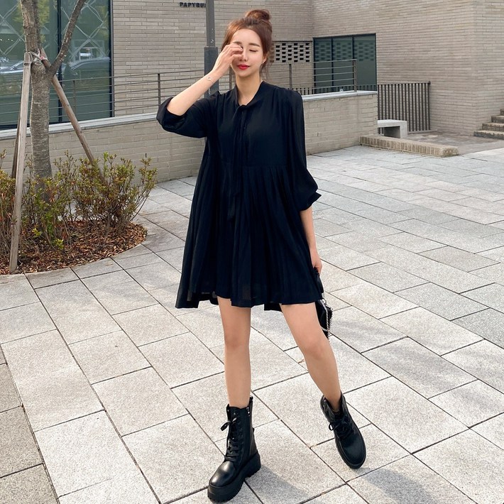 헤링본 미니원피스 가을 쉬폰 블랙 루즈핏 하객룩 빅사이즈 HD018 헤링본 미니원피스 가을 쉬폰 블랙 루즈핏 하객룩 빅사이즈 HD018
