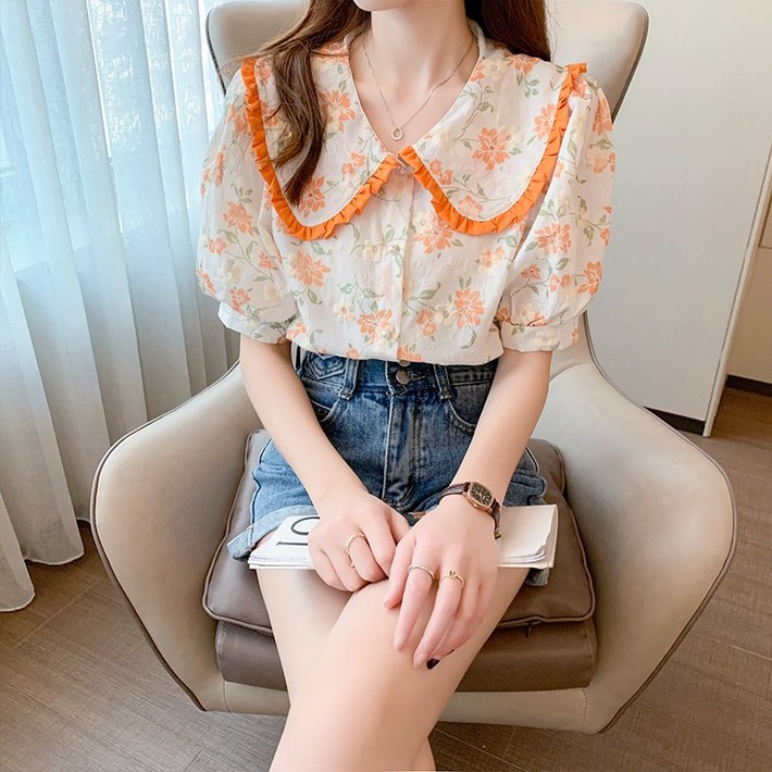 Ogfaour  여 여름 플라워 쉬폰 반팔 셔츠 YZ0039