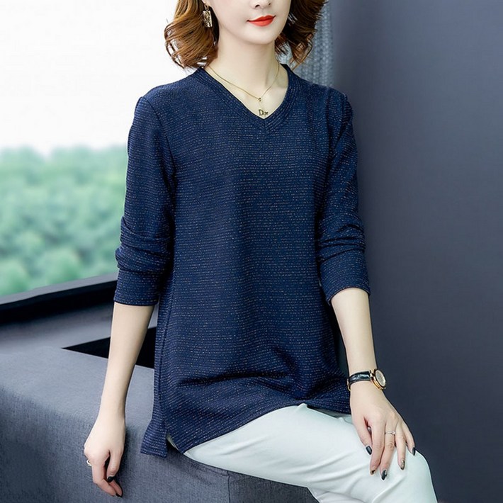 에디에퀸 여성용 봄가을 V넥 루즈핏 트임 빅사이즈 티셔츠 에디에퀸 여성용 봄가을 V넥 루즈핏 트임 빅사이즈 티셔츠