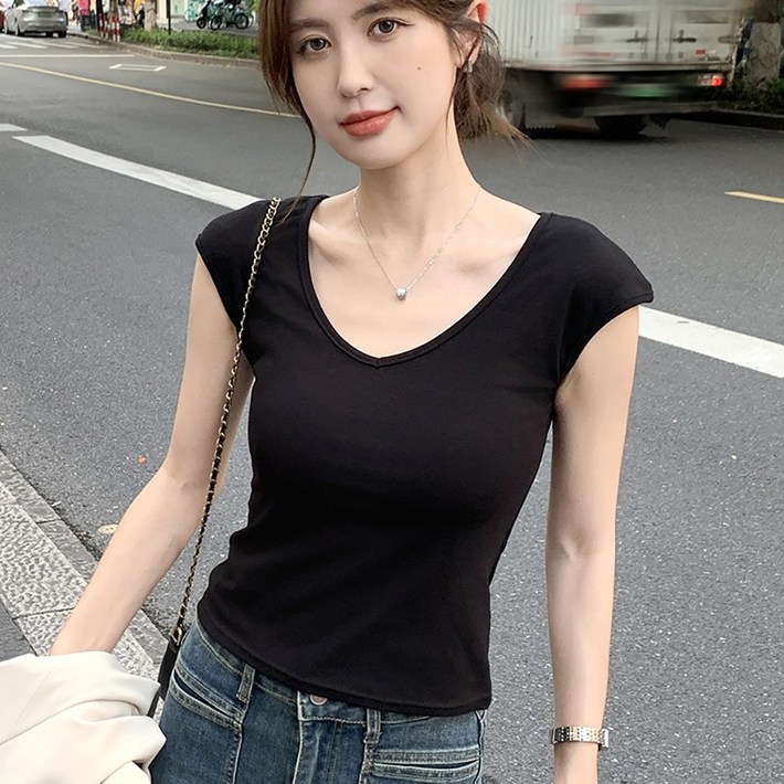 이매력 여성 브이넥 골지 슬림 캡소매 숏 티셔츠 이너 쫄티H109