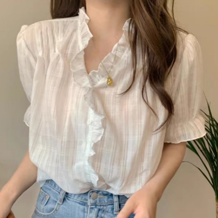 유니온 여성스러운 프릴반팔블라우스