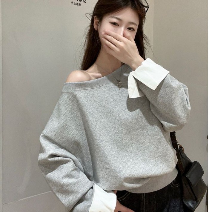 SAHINER 봄가을 여성 오프숄더 레이어드 루즈핏 캐주얼 데일리 맨투맨 LWBWY29