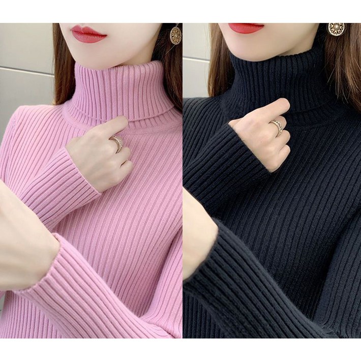 11 여성 목폴라 니트 스웨터 캐주얼 가을 겨울 도톰 터틀넥 상의 루즈핏 이너 니트티 기질 하이넥 니트 스웨터 2P CY