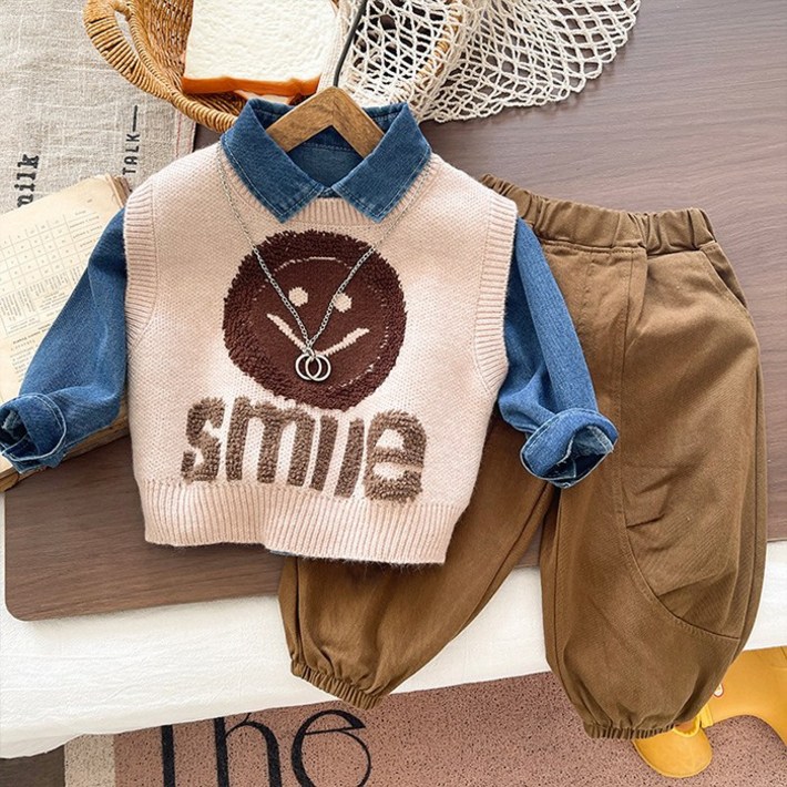 뽀뽀뽀 아동복 유아 스마일 3종세트 남아 여아 키즈 아동 어린이 봄 가을 조끼 바지 데님 티셔츠 조거 팬츠