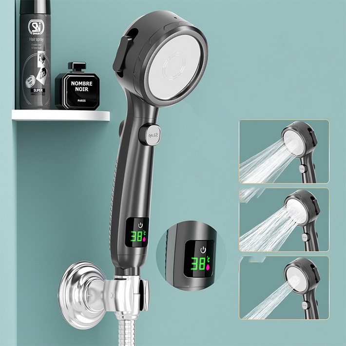 ZOZOFO LCD 디스플레이 온도 샤워기 수압상승 욕실청소 온도체크 샤워노즐 + 1.5m 호스