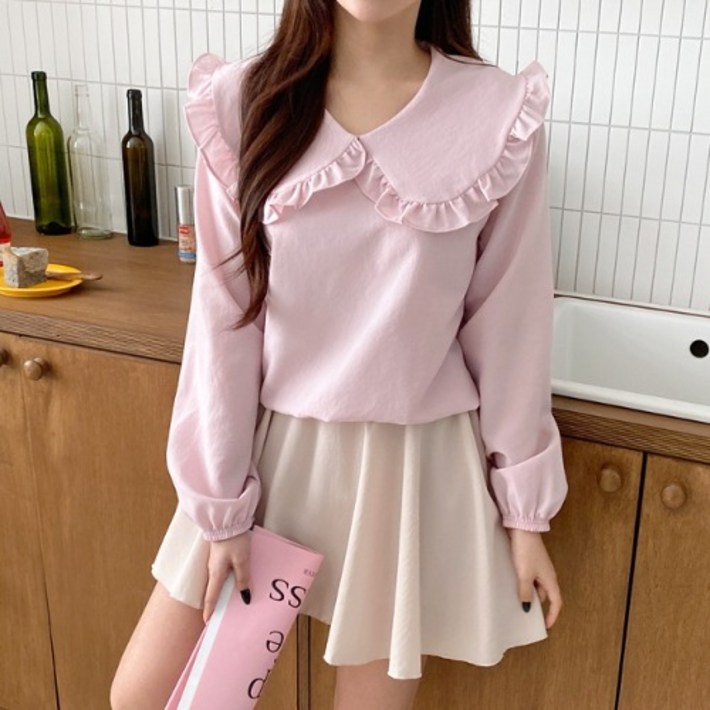 간절기 여성 맨투맨 프릴카라 무지 피크닉 티셔츠 네이비 스카이 아이보리 옐로우 핑크