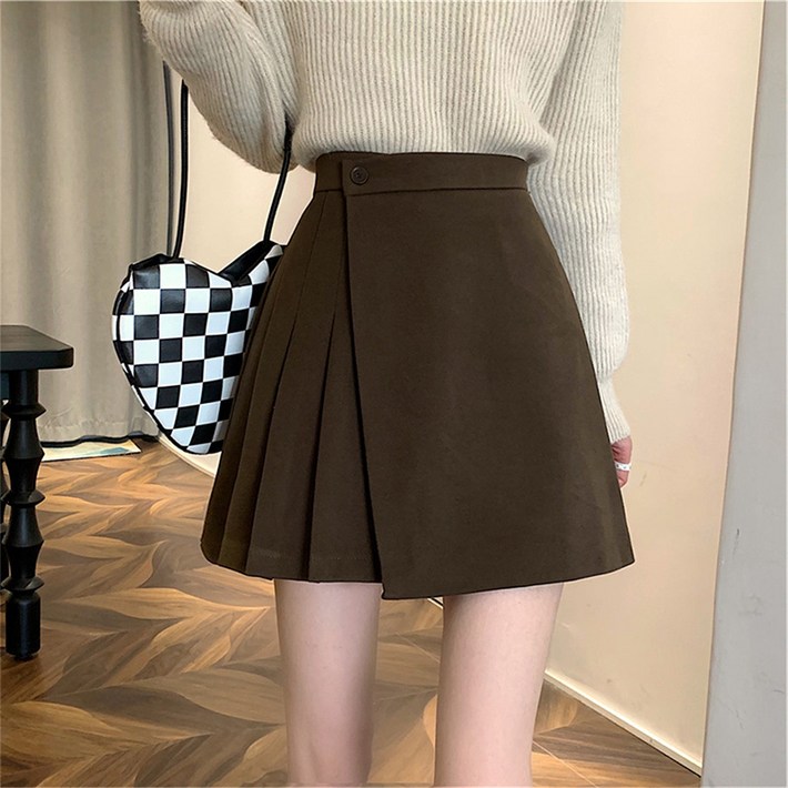 KDNC 여성용 추동 모직 스커트 A라인 플리츠 미니 스커트