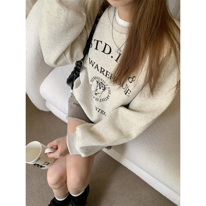 올씨마 여성 편안한 꾸안꾸 기모 빈티지 레터링 라운드 맨투맨 62190