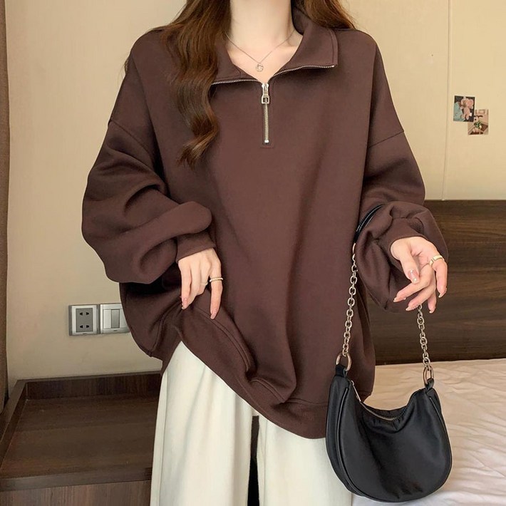 오버사이즈 L4XL 여성 무지 카라넥 반집업 맨투맨 루즈핏 오버핏 가을 겨울 긴팔 티셔츠 빅사이즈 여자룩
