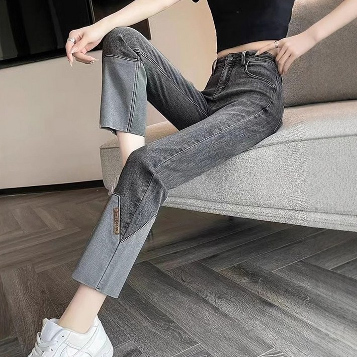 슬림 스트레이트 데님 크롭팬츠 (9부)패치워크 디자인 데일리 청바지