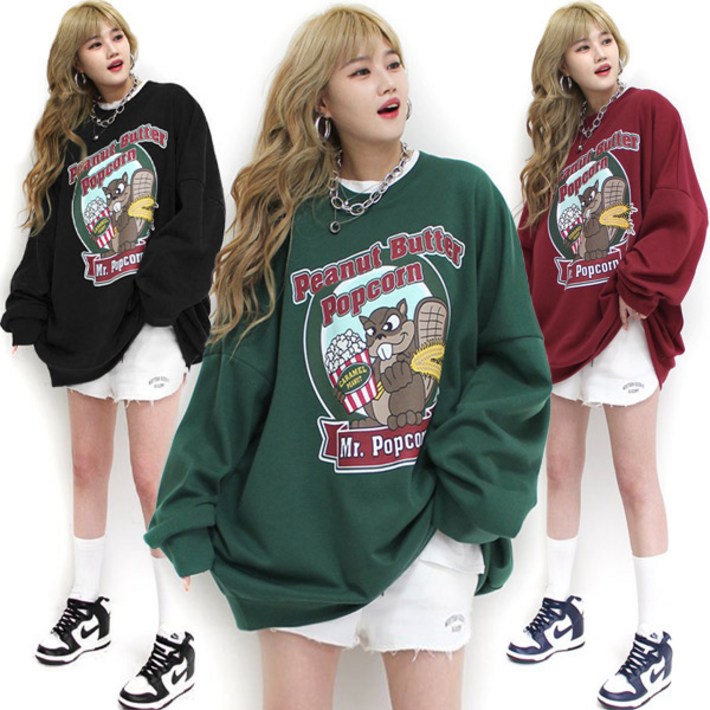 마이쏭 빅사이즈 남여공용 캐주얼 봄신상 버터팝콘프린팅오버핏맨투맨