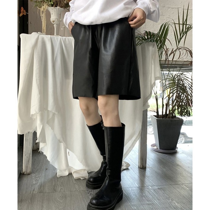 블루레몬   가죽반바지 5부 레자반바지 레더반바지 허리밴드 와이드핏 인조가죽 팬츠 브라운 카멜 카키 블랙 세련된 가을 겨울 기모안감