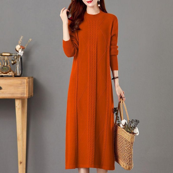 시연 가을 겨울 라운드 롱 원피스 드레스 슬림 니트 스웨터 스커트
