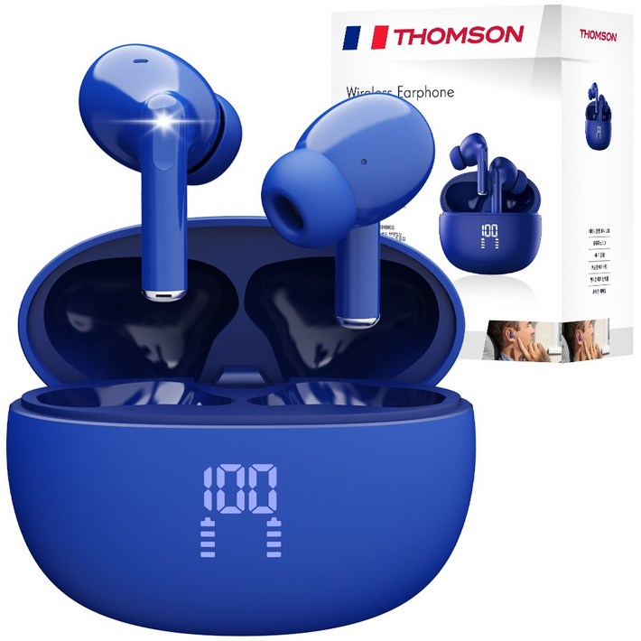프랑스 톰슨 ENC 노이즈 캔슬링 LED 블루투스 6.0 이어폰 무선 방수, 블루 TBE201B