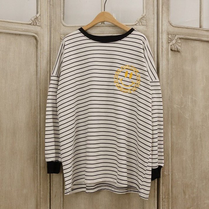 자수 스마일 단가라 긴팔 봄가을 스트라이프 롱티셔츠
