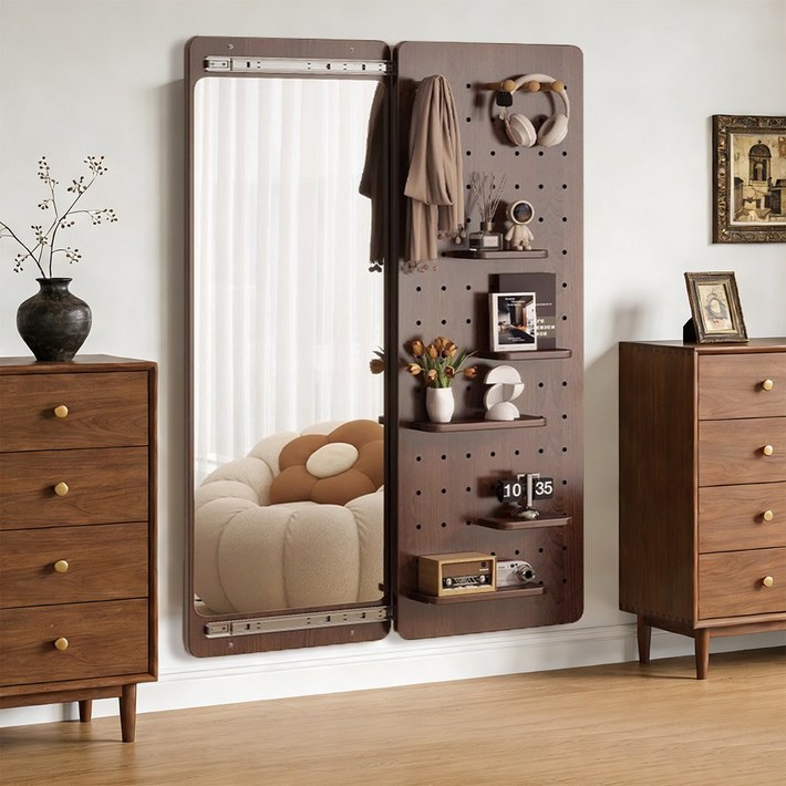 Zzang Room 다용도 타공판 슬라이딩 벽걸이 전신거울, 브라운