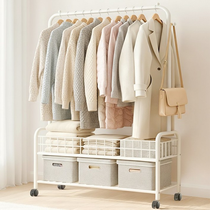FODOSS 2단 업그레이드 대용량 튼튼한 이동식 가정용 행거 바퀴 달린 이동식행거, 크림색