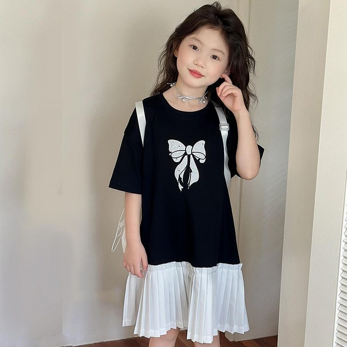 UPPERCUT 여아 여름 원피스 주니어 반팔롱티 왕리본 플리츠 원피스 박스원피스 플리츠스커트 초등여아 여름티셔츠