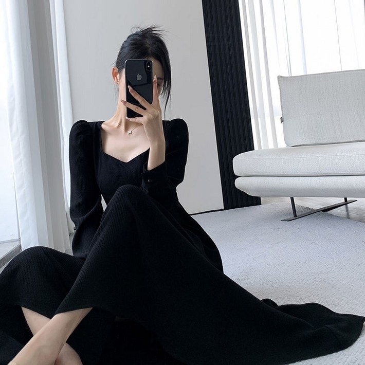 해피유통 여성 가을겨울 슬림핏 면 스퀘어넥 긴팔 원피스 퍼프소매 디자인 A라인 원피스bhf