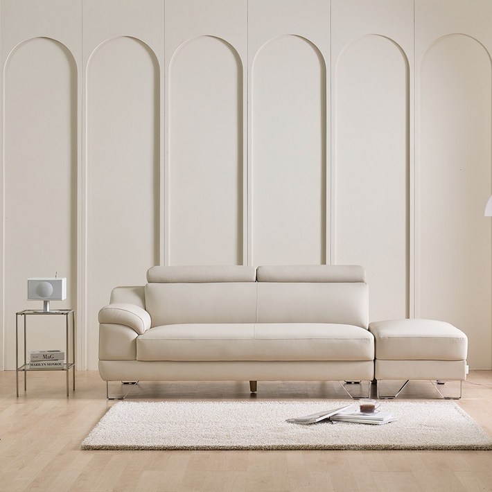 보루네오 로우Po 쇼파 가죽 소파 헤드레스트 거실 3인용 스툴 세트, 아이보리