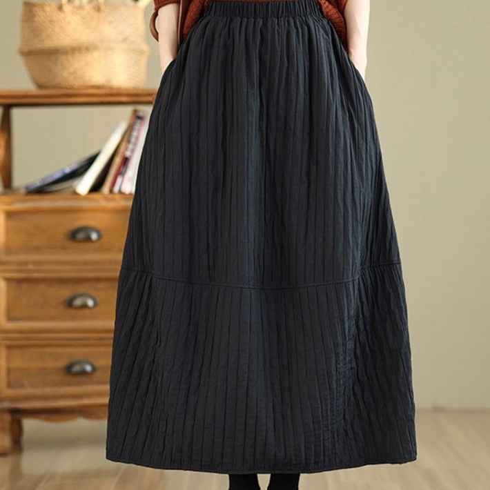 POMTOR 여성 가을 겨울 경량 누빔 롱 패딩 스커트 데일리 A라인 밴딩 치마