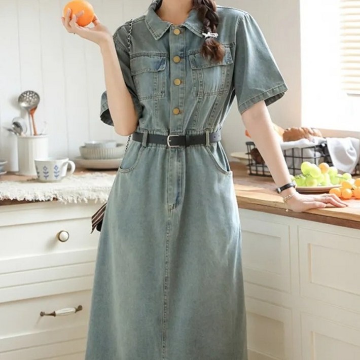 MAKABORO 여성 반팔 데님 청 원피스 캐주얼 a라인 롱 셔츠 원피스 데일리룩