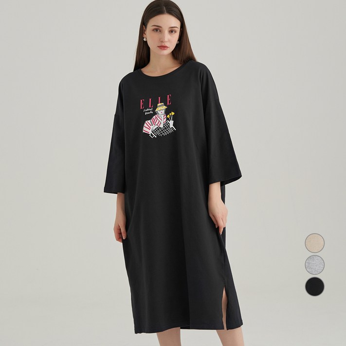 ELLE PARIS 여성 프렌치테리 프린트 롱 원피스 ELLE PARIS 여성 프렌치테리 프린트 롱 원피스