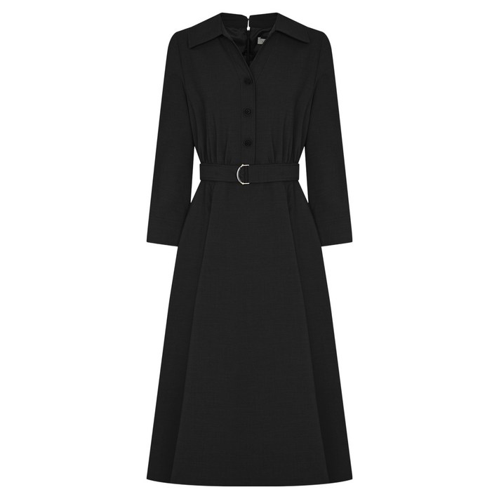 라인어디션 오픈카라 레터링 버튼 벨티드 플레어 원피스