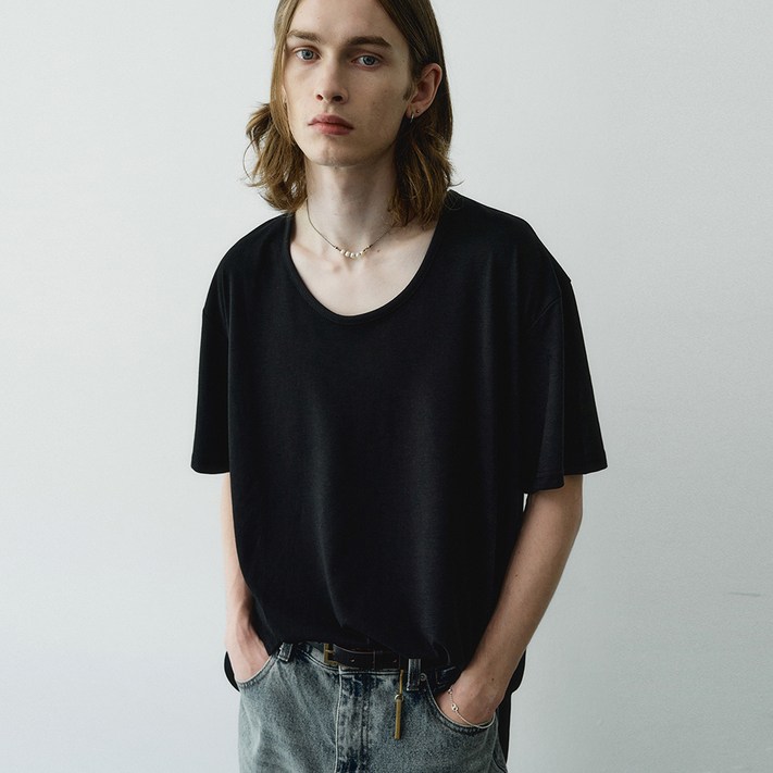 노이어 남성용 실크 블렌디드 U넥 하프 티셔츠