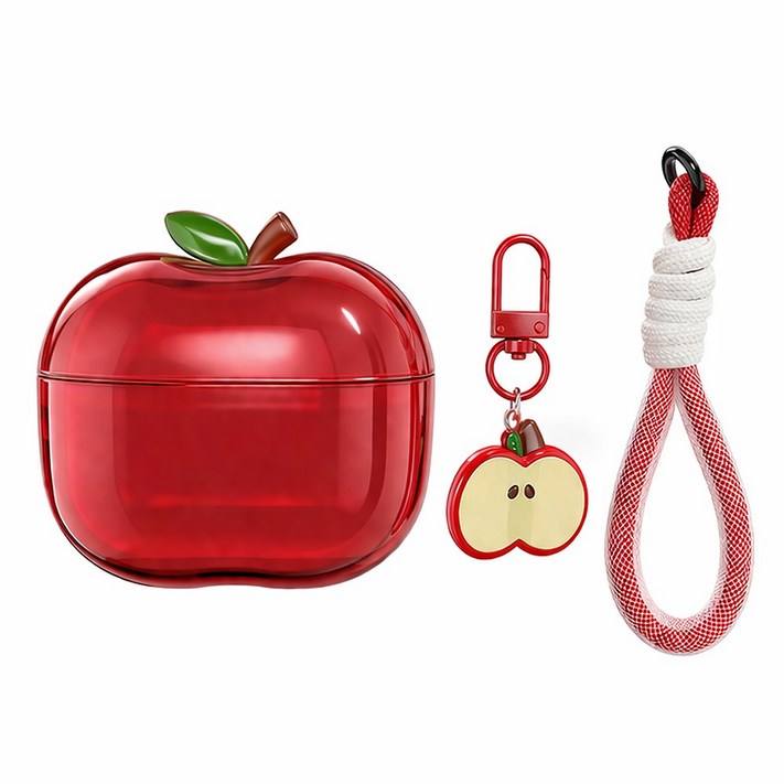 사과 에어팟 케이스 반투명 키링 스트랩 포함, 레드, 에어팟 프로 3세대