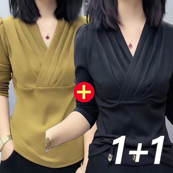 11 2장세트 셔링티 무지 캐주얼 브이넥 정장 랩 블라우스 긴팔티 간절기 출근룩 티셔츠