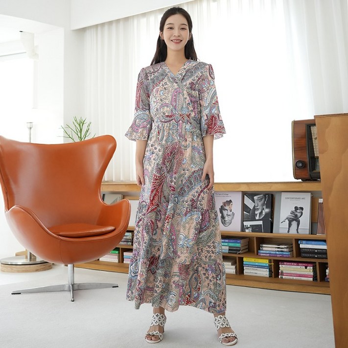 브이 롱 원피스 페이즐리