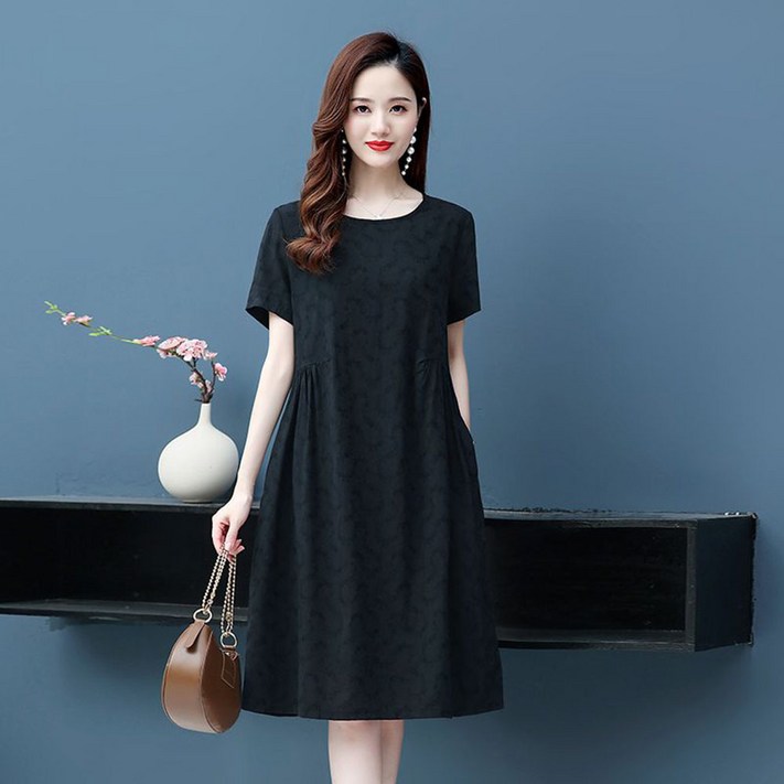 ROYALBELLE 여성 라운드넥 셔링 순색의 A라인 반팔 미디 원피스 A0041565