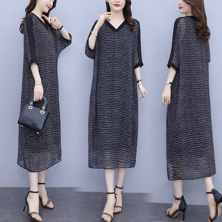 바니드 중년여성 봄여름 V넥 루즈핏 반팔 레터링 7부소매 롱원피스 0737