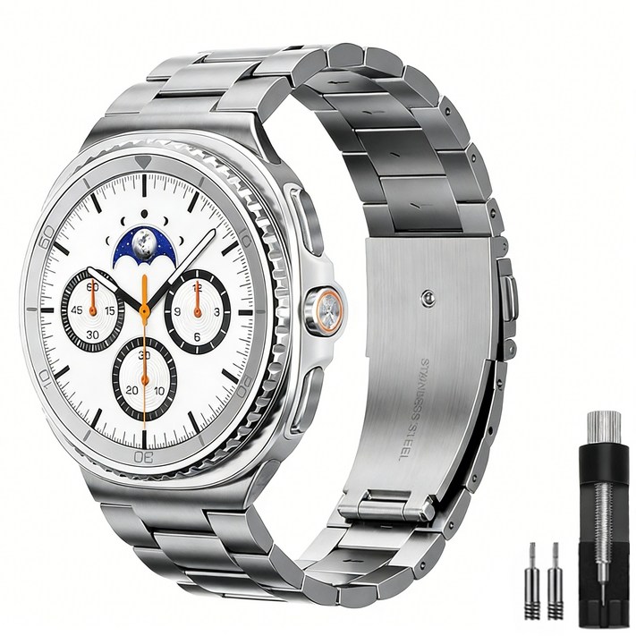 OULUOQI 애플워치 갤럭시워치 호환 메탈 밴드 스트랩 3연 스테인리스 쥬빌레 교체 스트랩  탄성 메탈 밴드, 1개, 실버