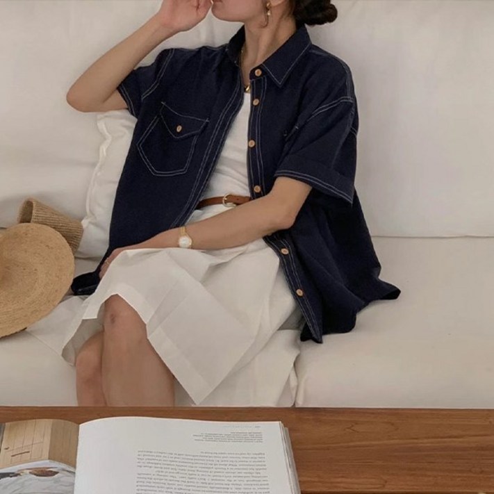 온더무드 로이키 스티치 반팔 셔츠