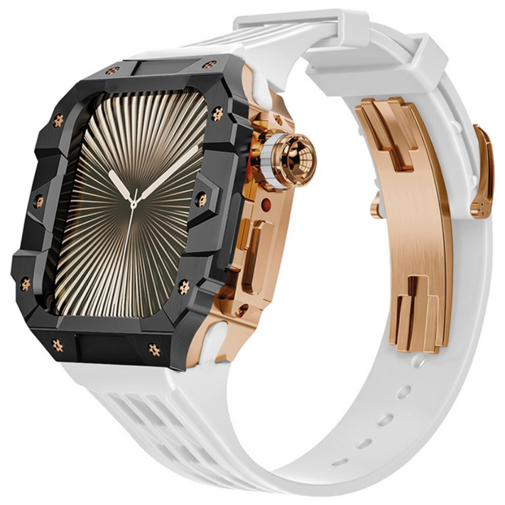 애플워치11 10 호환 일체형 스트랩 스테인리스 메탈 케이스 밴드 줄질 애차드밀 풀커버 46mm 호환, 07.블랙케이스화이트스트랩, 1개