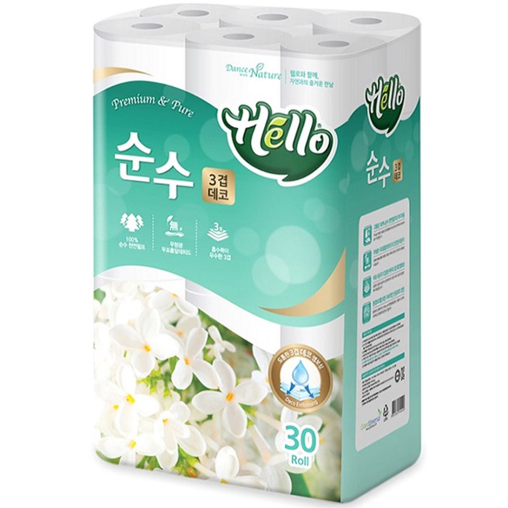 헬로 순수 천연펄프 3겹 데코 롤화장지 30 m