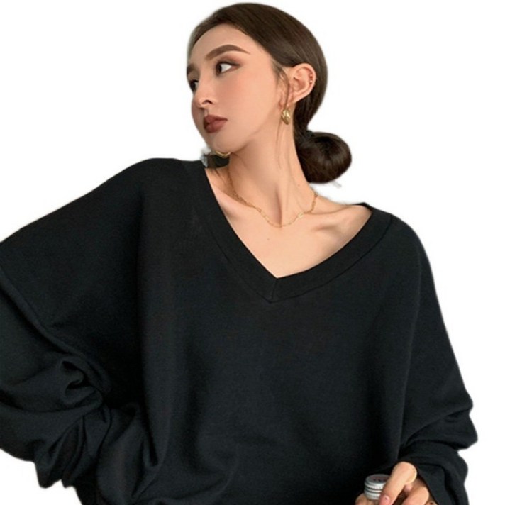 마켓피아 여성용 브이넥 루즈핏 긴팔 맨투맨