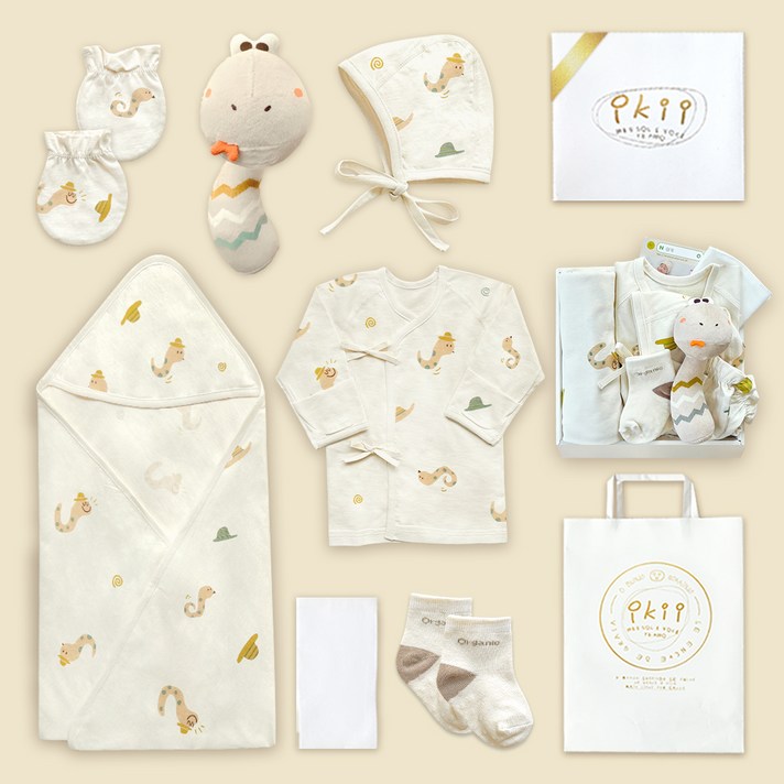 ikii 유아용 오가닉 배냇저고리 긴소매 7종 출산 선물세트 선물포장  쇼핑백